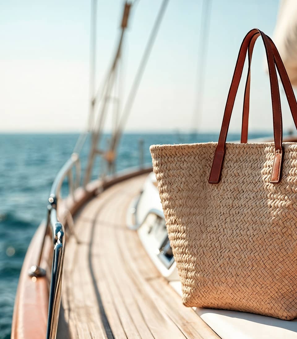 Bolso de playa sobre la cubierta de una embarcación
