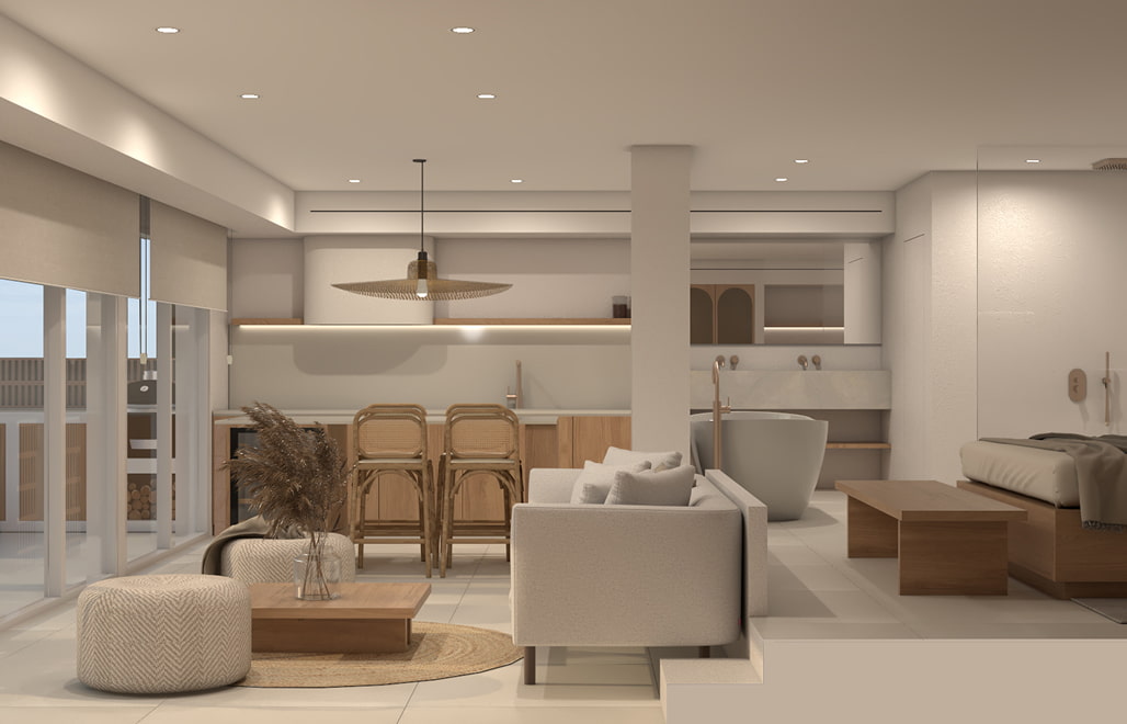 Appartement avec salon et cuisine de type loft