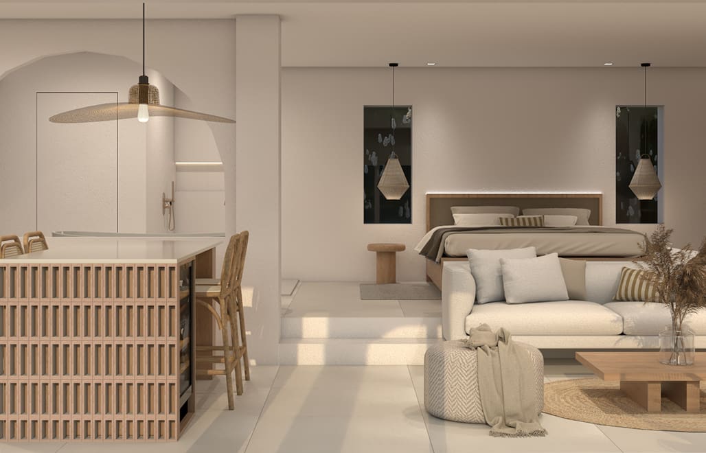Appartement avec cuisine, salon et lit de type loft de luxe