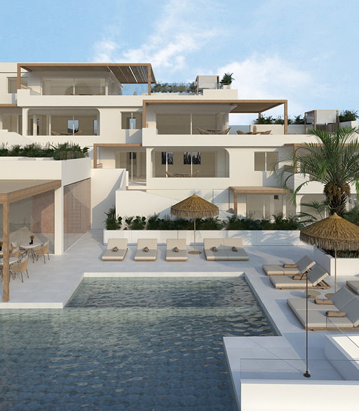 Vue sur la piscine et l'espace détente des Panorama Lofts