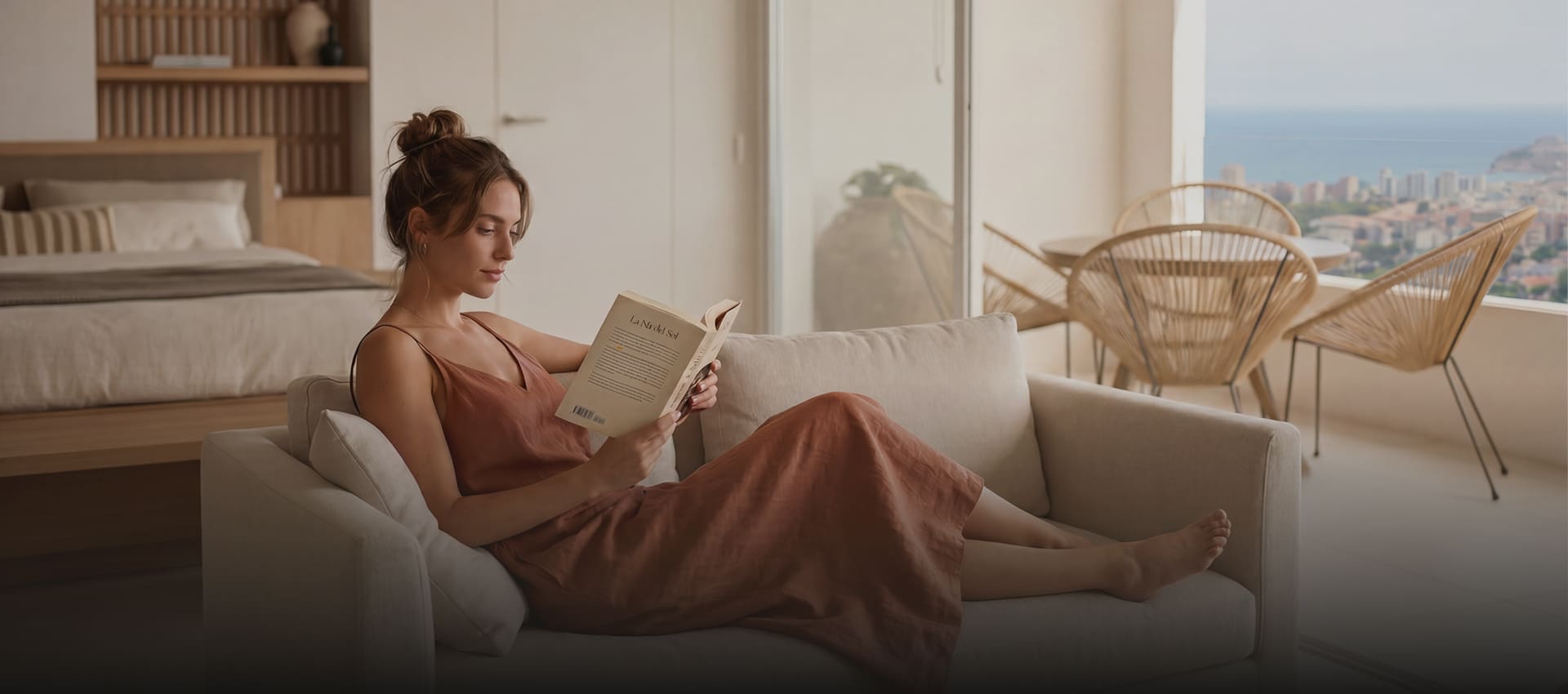 Fille assise sur un canapé en train de lire un livre