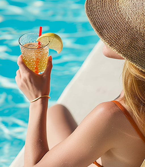 Fille buvant un cocktail au bord de la piscine