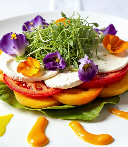 Salade aux tomates, burrata, pousses et fleurs