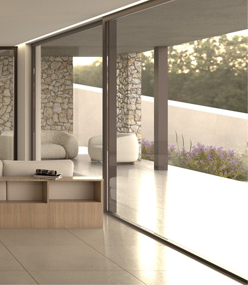 Modern terrace Interior terrace with floor-to-ceiling windows and a relaxation area