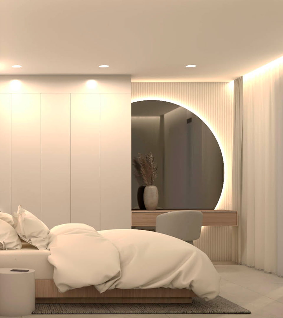 Minimalist suite Modern bedroom with a double bed and illuminated dressing table