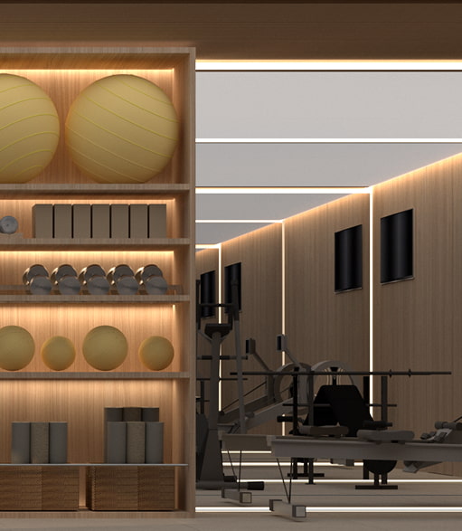 Panoramic gym Room with gym equipment and sports gear