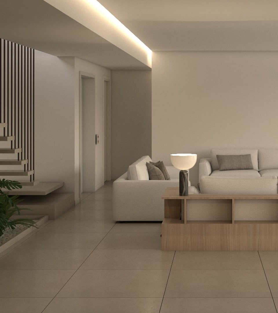 Villa de Irta interior Spacious lounge with sofa and designer staircase