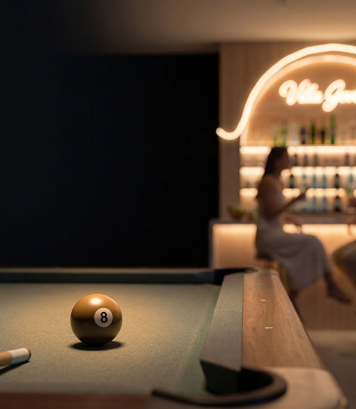 Games room and gin bar Entertainment room with pool table and cocktails