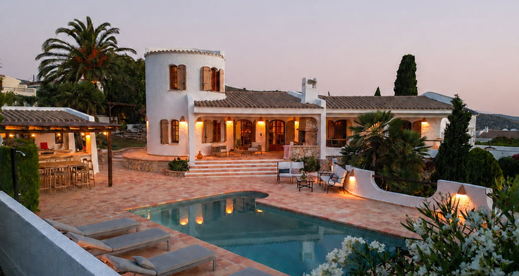 Vista exterior de una villa blanca de estilo mediterráneo con torre redonda, piscina, tumbonas y terraza iluminada durante el atardecer